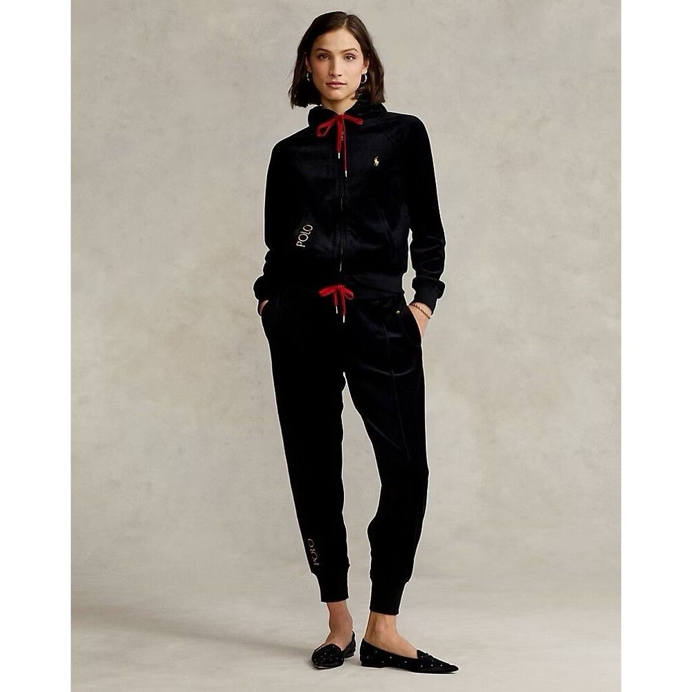 POLO RALPH LAUREN Women’s SMALL PETITE Logo Velour Full Zip Hoodie Black Casual‎